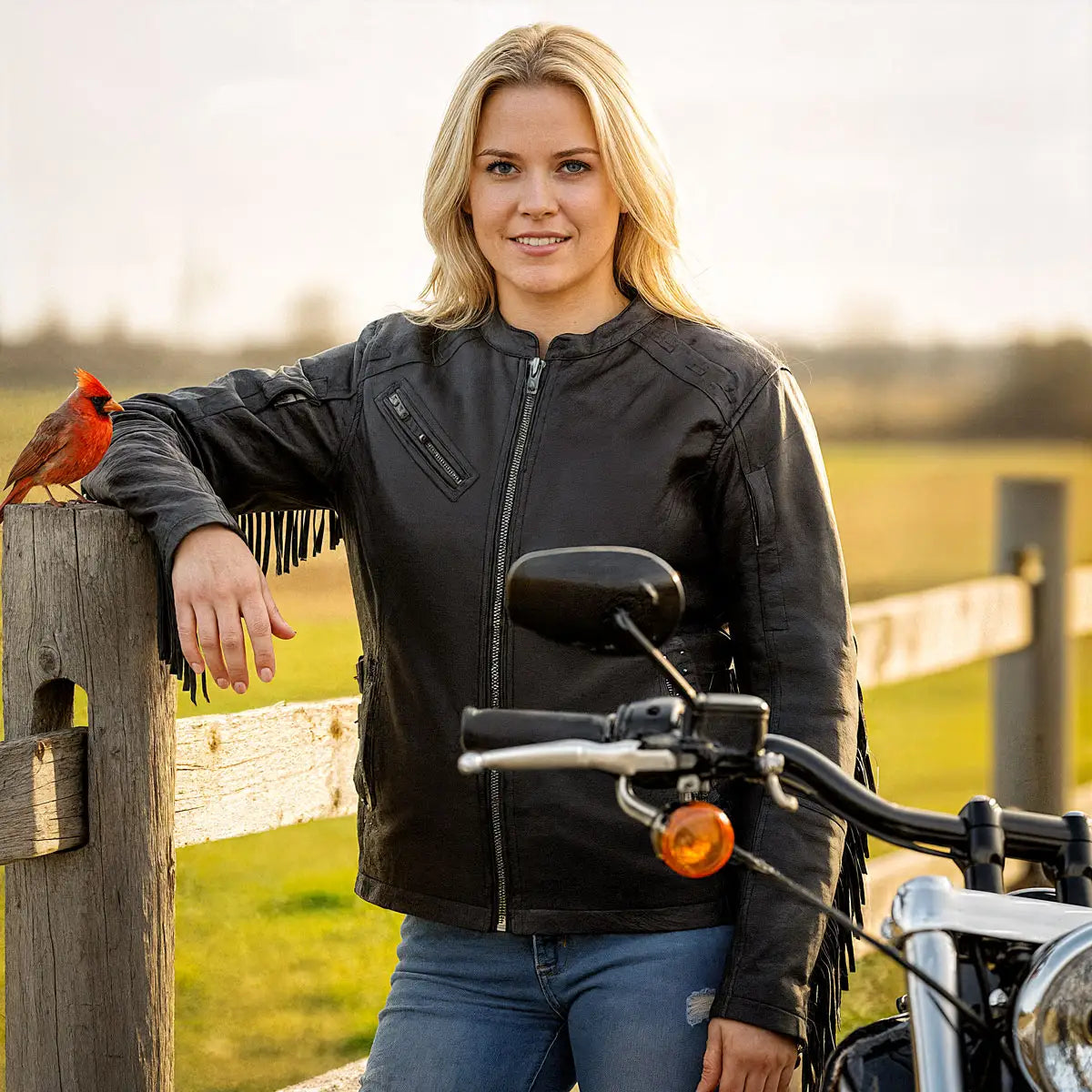 Hot Leathers JKL1028 Studs and Fringe Ladies Black Motorcycle style Carry Conceal Leather Biker Jacket