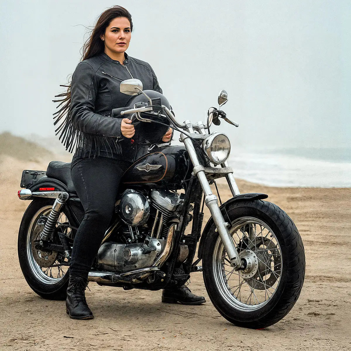 Hot Leathers JKL1028 Studs and Fringe Ladies Black Motorcycle style Carry Conceal Leather Biker Jacket