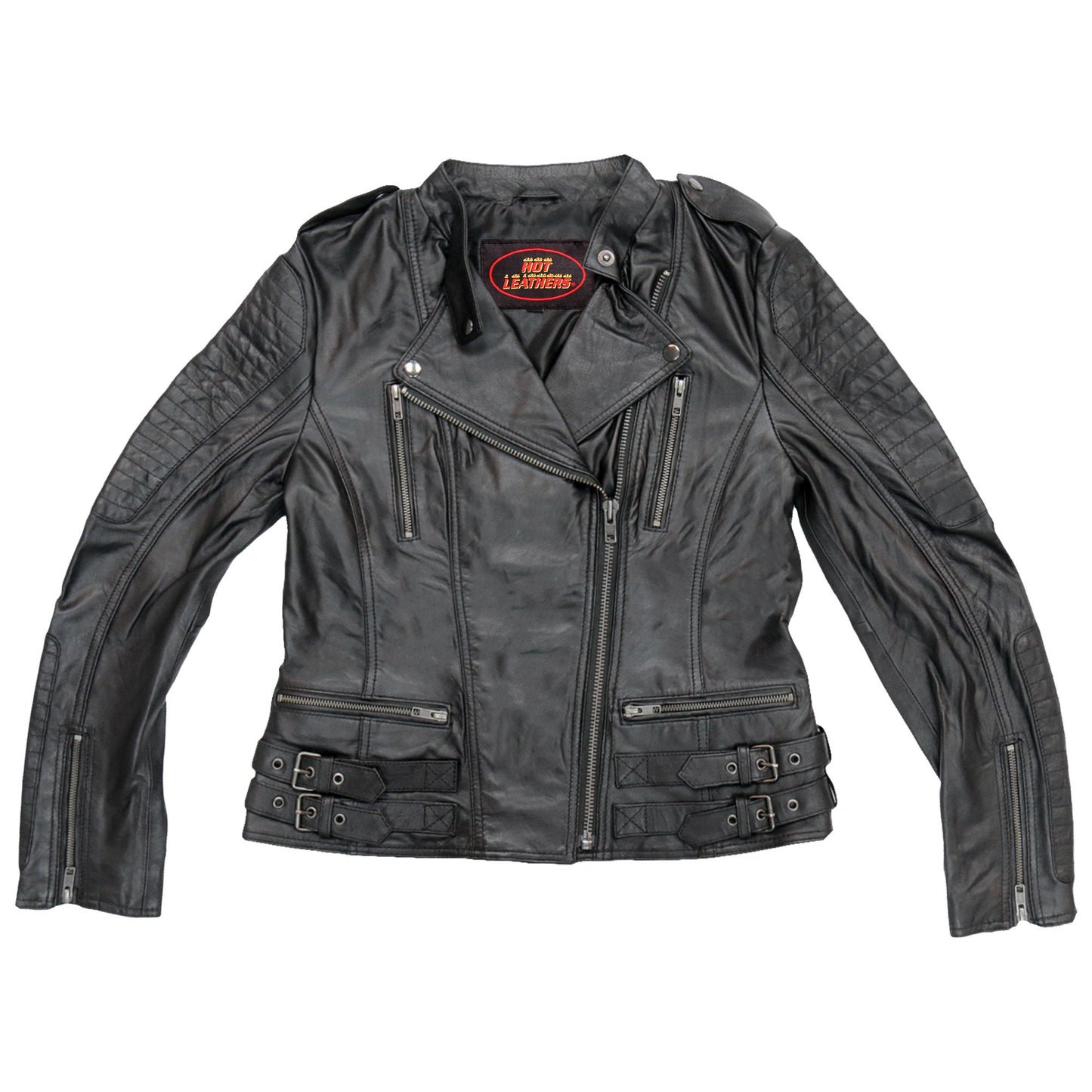 Hot Leathers JKL1030 Ladies Lightweight Motorcycle Black Leather Biker Jacket with Side Buckles