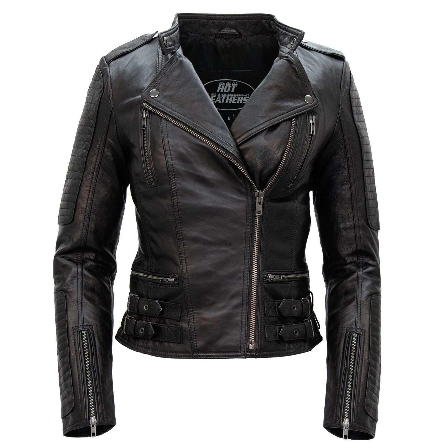 Hot Leathers JKL1030 Ladies Lightweight Motorcycle Black Leather Biker Jacket with Side Buckles
