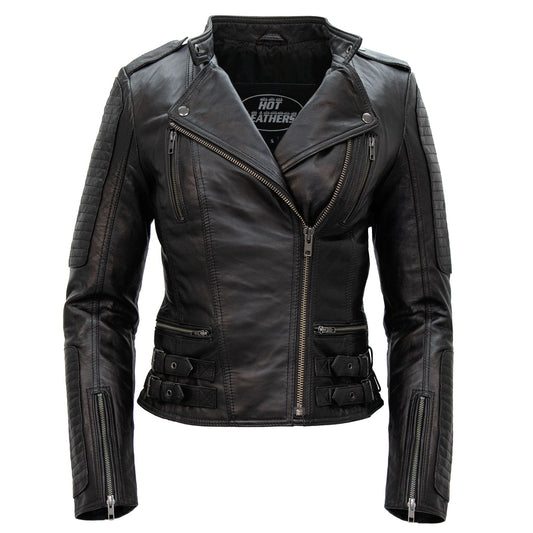 Hot Leathers JKL1030 Ladies Lightweight Motorcycle Black Leather Biker Jacket with Side Buckles