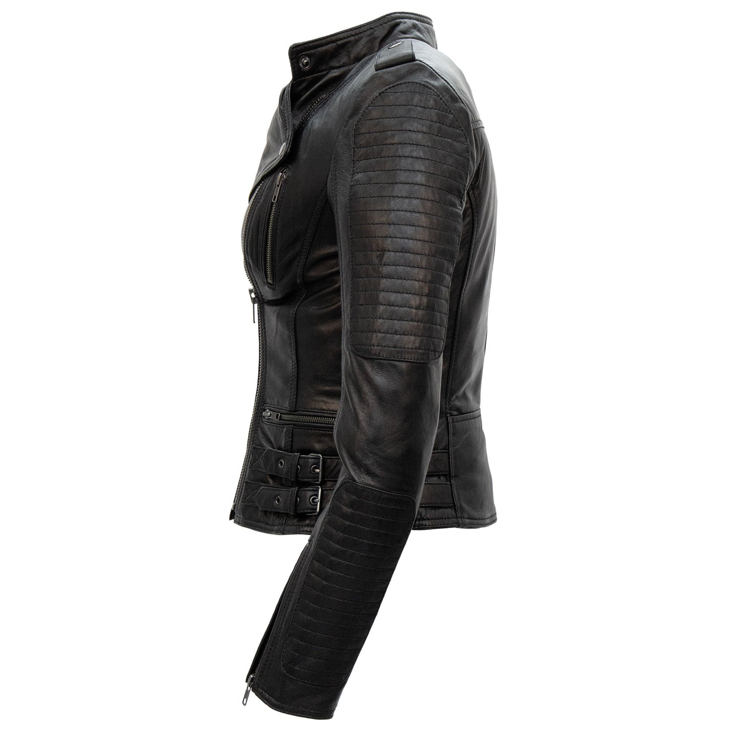 Hot Leathers JKL1030 Ladies Lightweight Motorcycle Black Leather Biker Jacket with Side Buckles