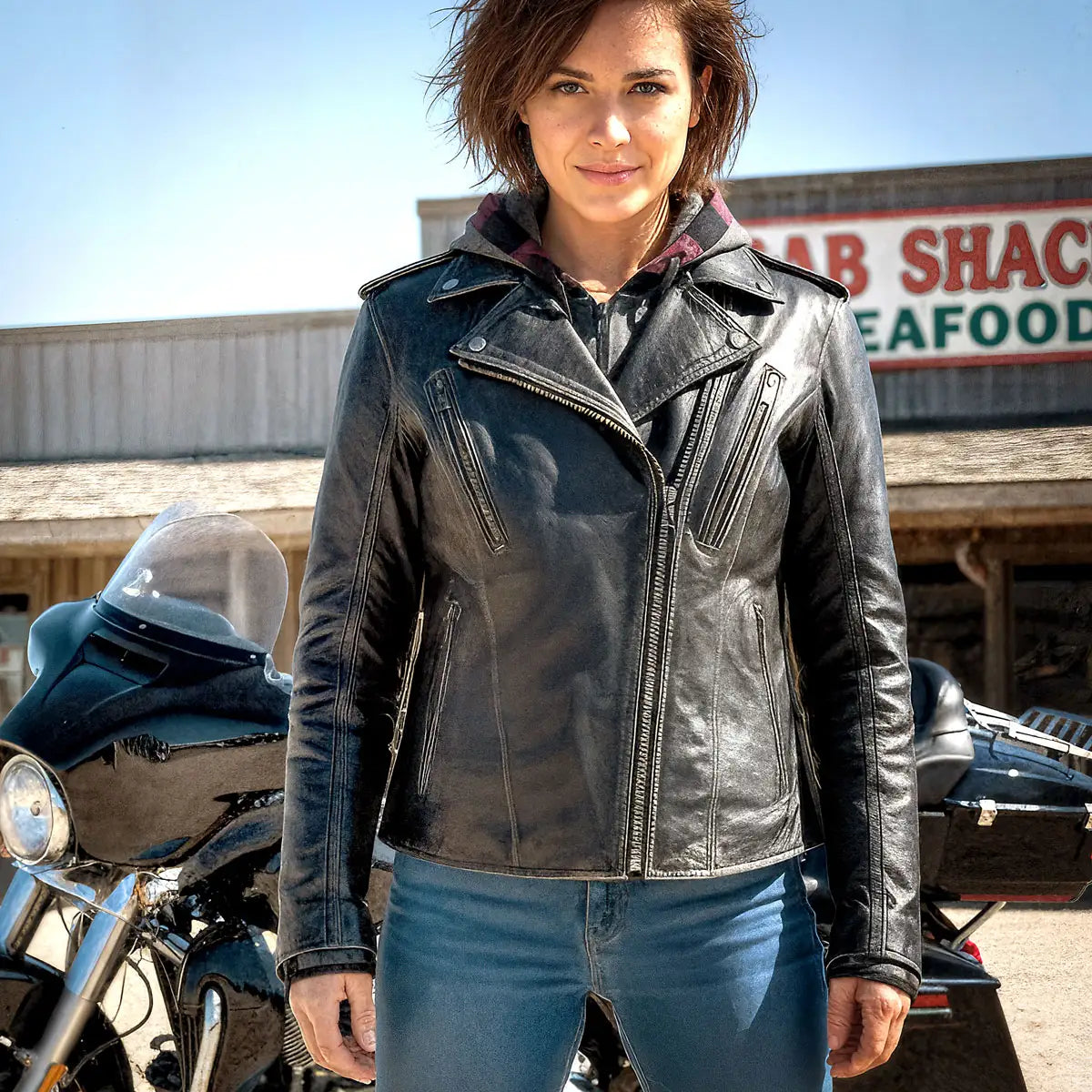 Hot Leathers JKL1033 Ladies Biker Black Leather Motorcycle Jacket with Removable Hoodie