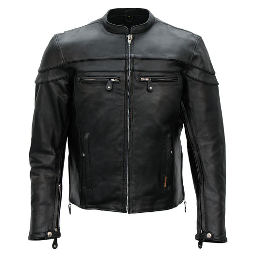 Hot Leathers JKM1011 Men's Black Leather Vented Motorcycle Racer Jacket with Double Piping