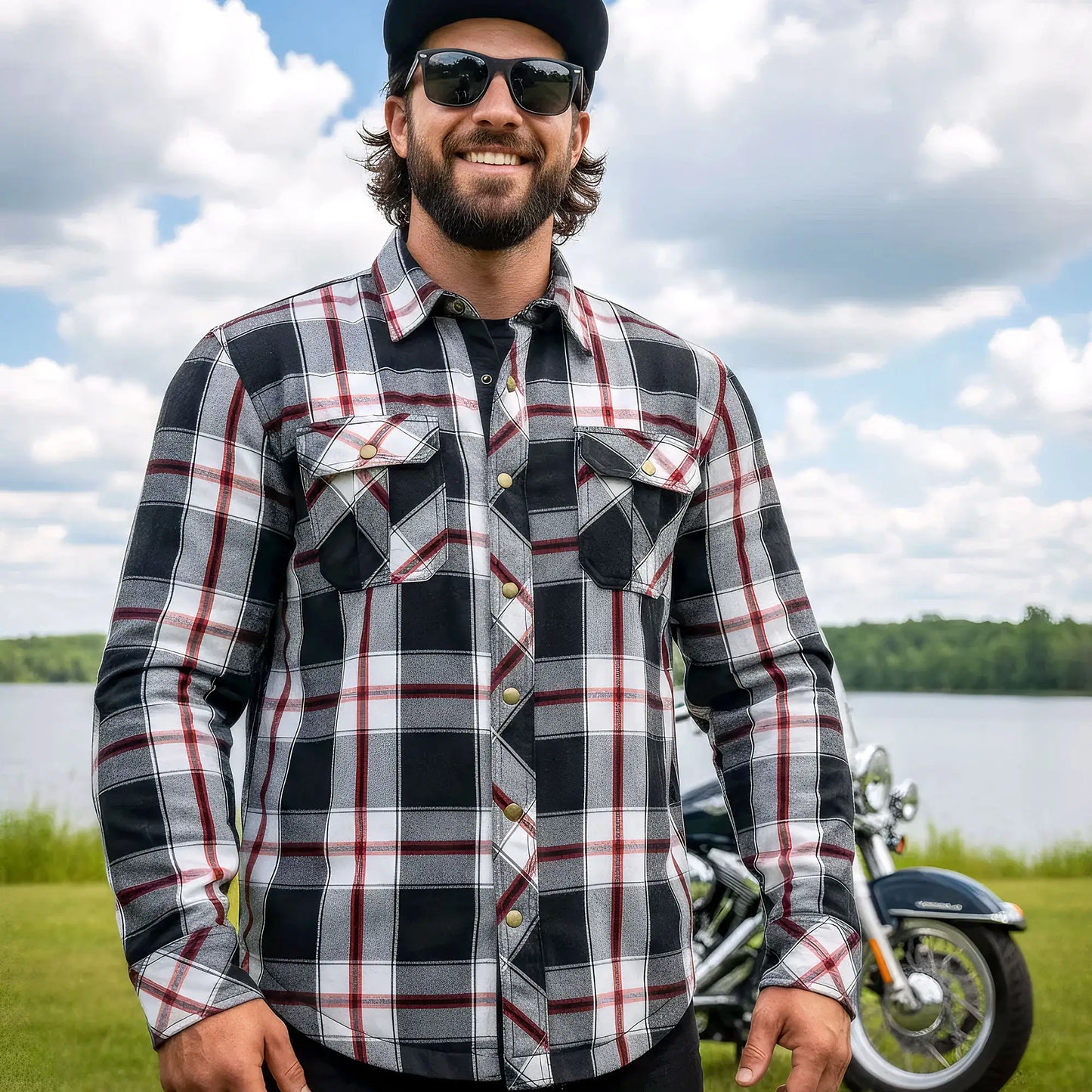 Hot Leathers Men's 'Sinfire' White/Black Cotton Flannel Shirt - Button Front - Riding Proective Wear - JKM3001