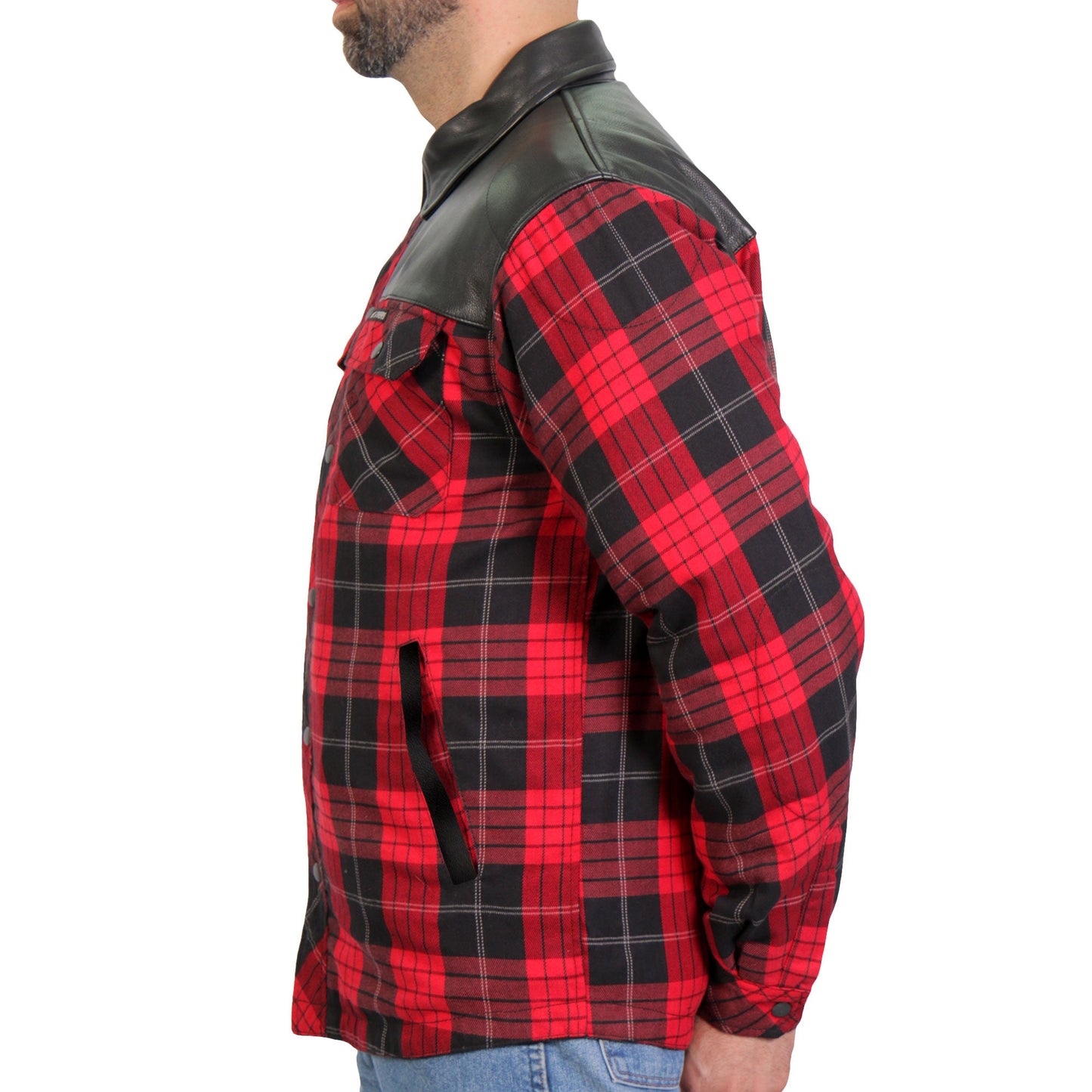 Hot Leathers JKM3201 Men's Motorcycle style Red and Black Reinforced Leather and Plaid Flannel Biker Shirt