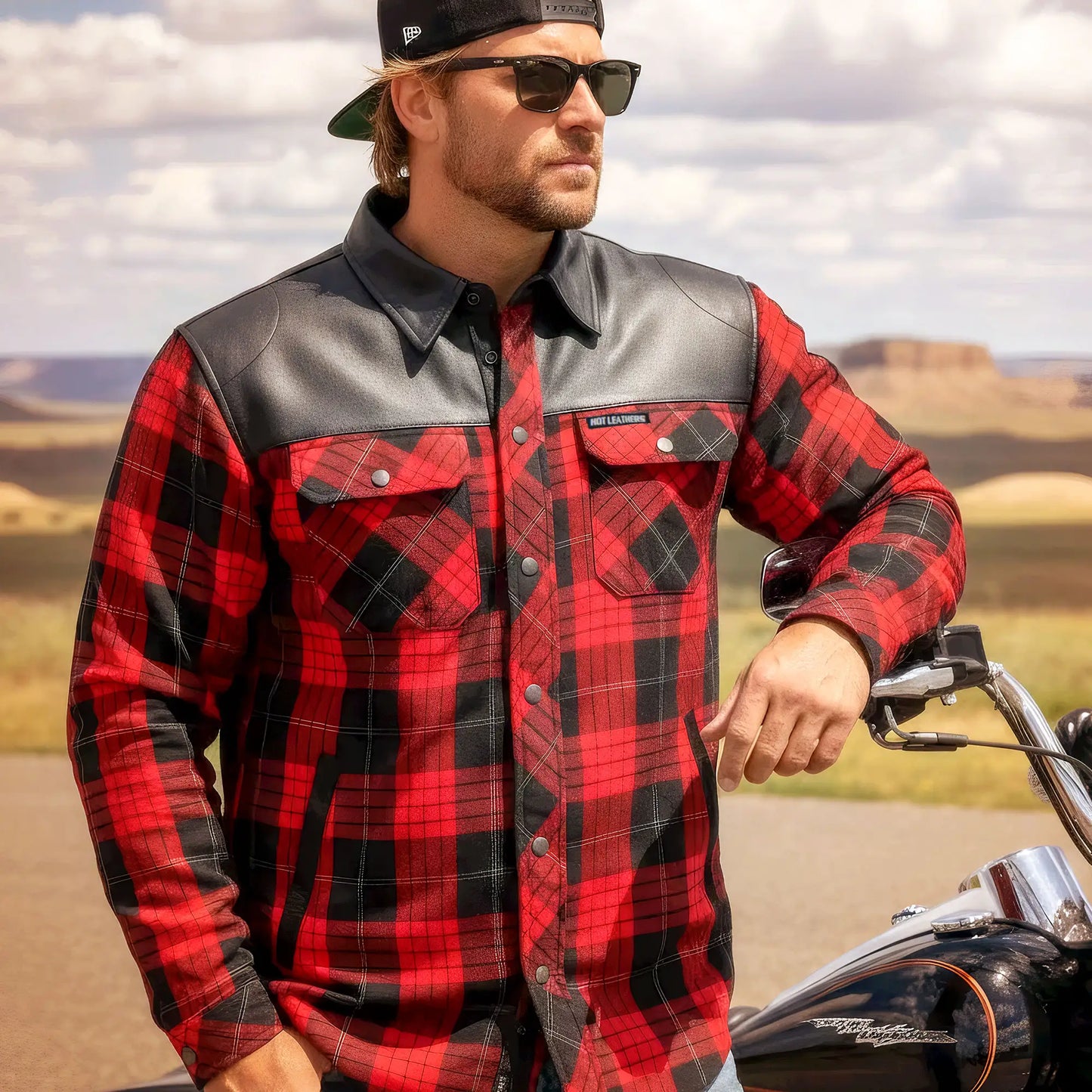 Hot Leathers JKM3201 Men's Motorcycle style Red and Black Reinforced Leather and Plaid Flannel Biker Shirt