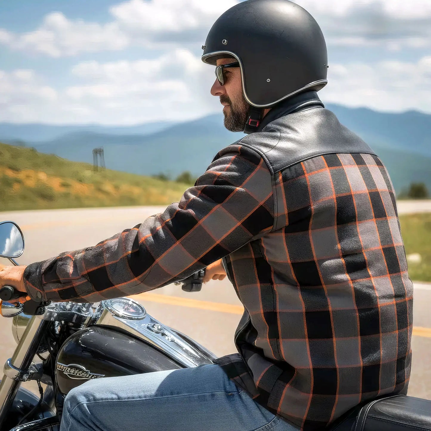 Hot Leathers JKM3202 Men's Motorcycle style Grey Black and Orange Reinforced Leather and Plaid Flannel Biker Shirt