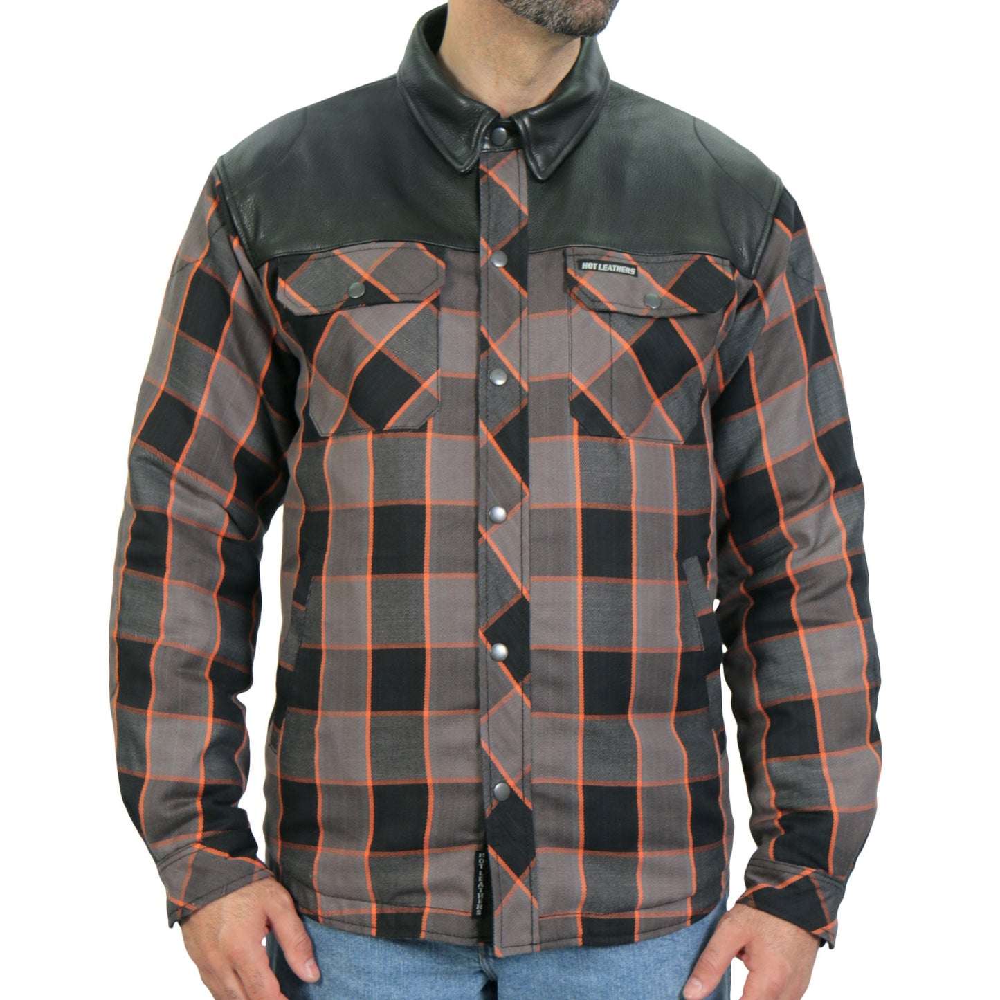 Hot Leathers JKM3202 Men's Motorcycle style Grey Black and Orange Reinforced Leather and Plaid Flannel Biker Shirt