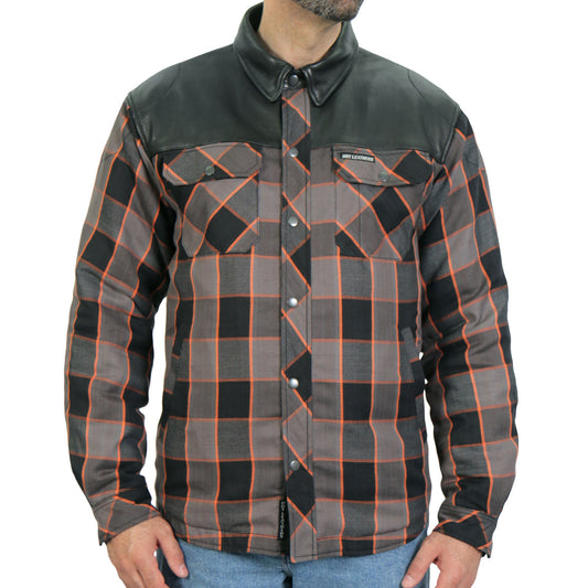 Hot Leathers JKM3202 Men's Motorcycle style Grey Black and Orange Reinforced Leather and Plaid Flannel Biker Shirt