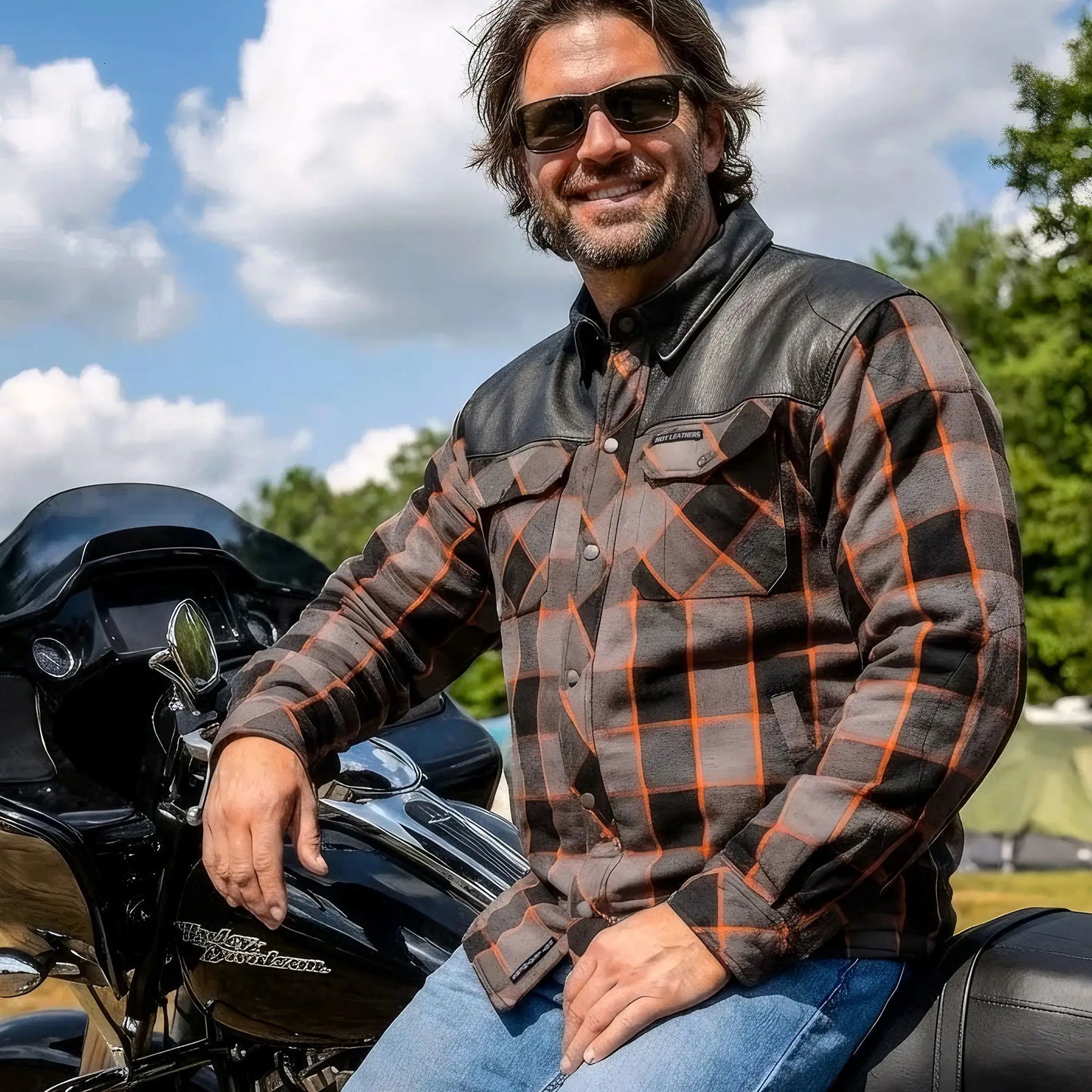 Hot Leathers JKM3202 Men's Motorcycle style Grey Black and Orange Reinforced Leather and Plaid Flannel Biker Shirt