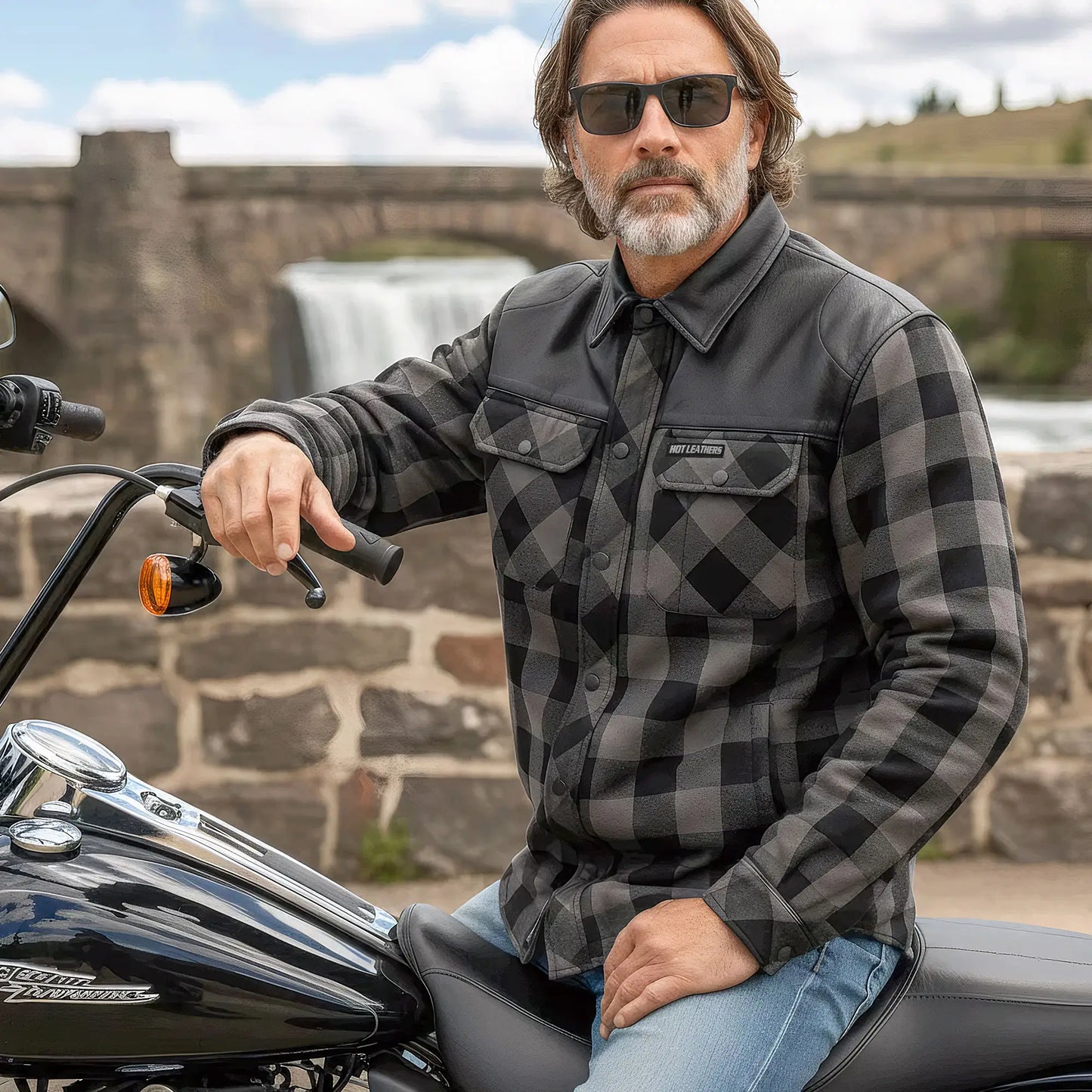 Hot Leathers JKM3203 Men's Motorcycle style Grey and Black Reinforced Leather and Plaid Flannel Biker Shirt