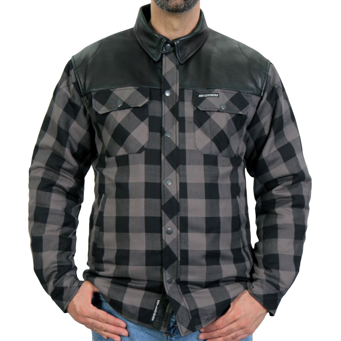 Hot Leathers JKM3203 Men's Motorcycle style Grey and Black Reinforced Leather and Plaid Flannel Biker Shirt