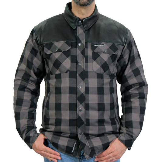 Hot Leathers JKM3203 Men's Motorcycle style Grey and Black Reinforced Leather and Plaid Flannel Biker Shirt