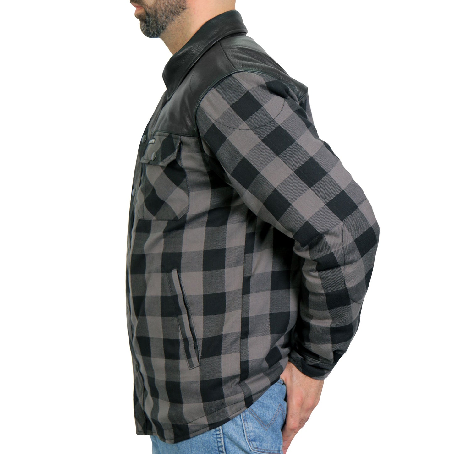 Hot Leathers JKM3203 Men's Motorcycle style Grey and Black Reinforced Leather and Plaid Flannel Biker Shirt
