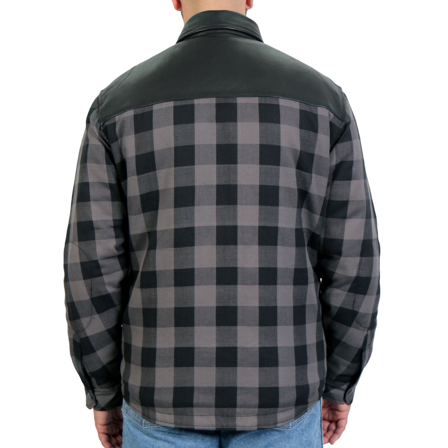 Hot Leathers JKM3203 Men's Motorcycle style Grey and Black Reinforced Leather and Plaid Flannel Biker Shirt