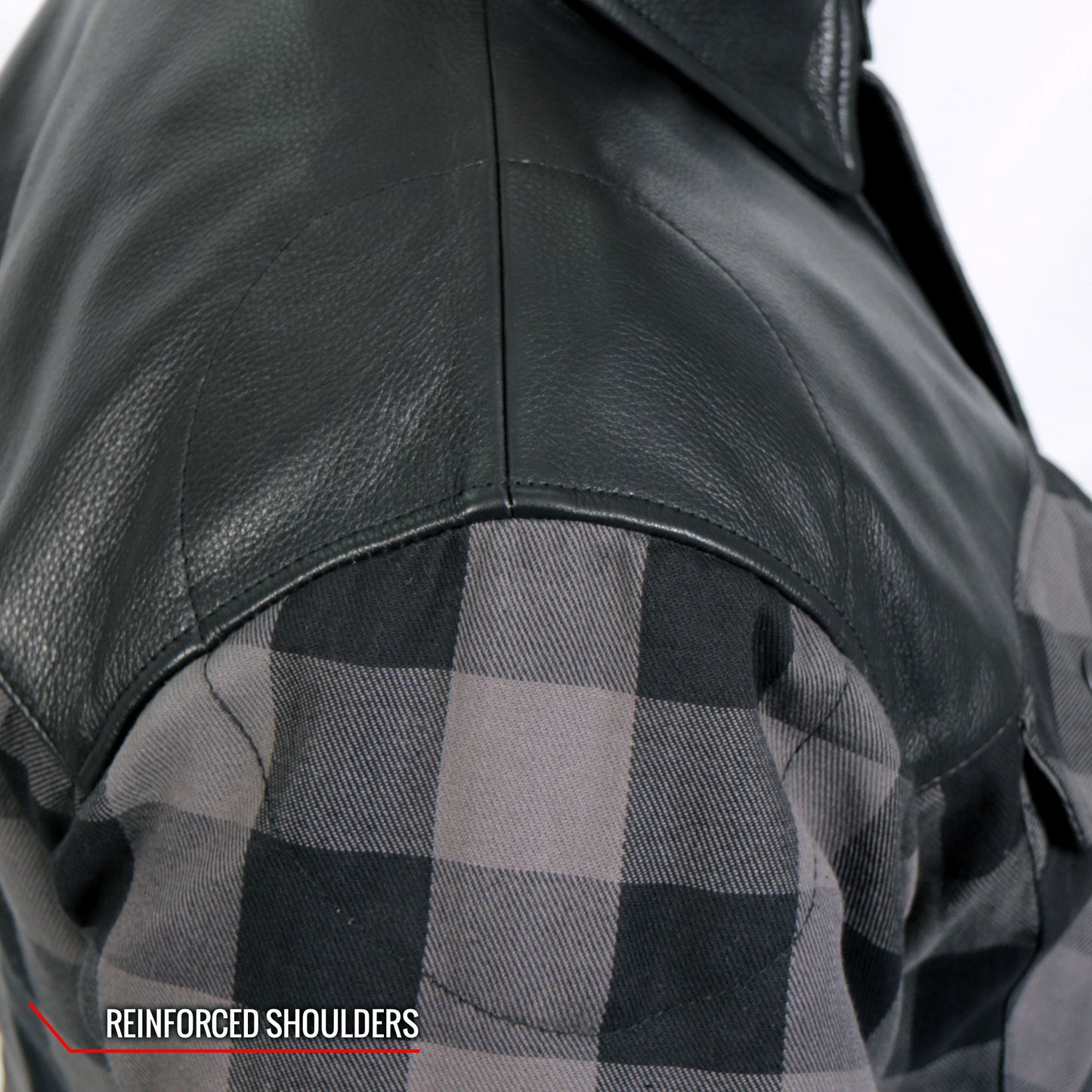 Hot Leathers JKM3203 Men's Motorcycle style Grey and Black Reinforced Leather and Plaid Flannel Biker Shirt