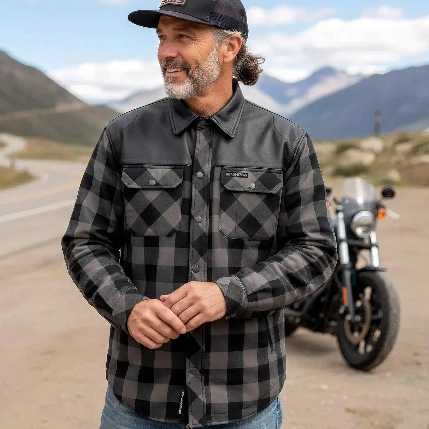 Hot Leathers JKM3203 Men's Motorcycle style Grey and Black Reinforced Leather and Plaid Flannel Biker Shirt