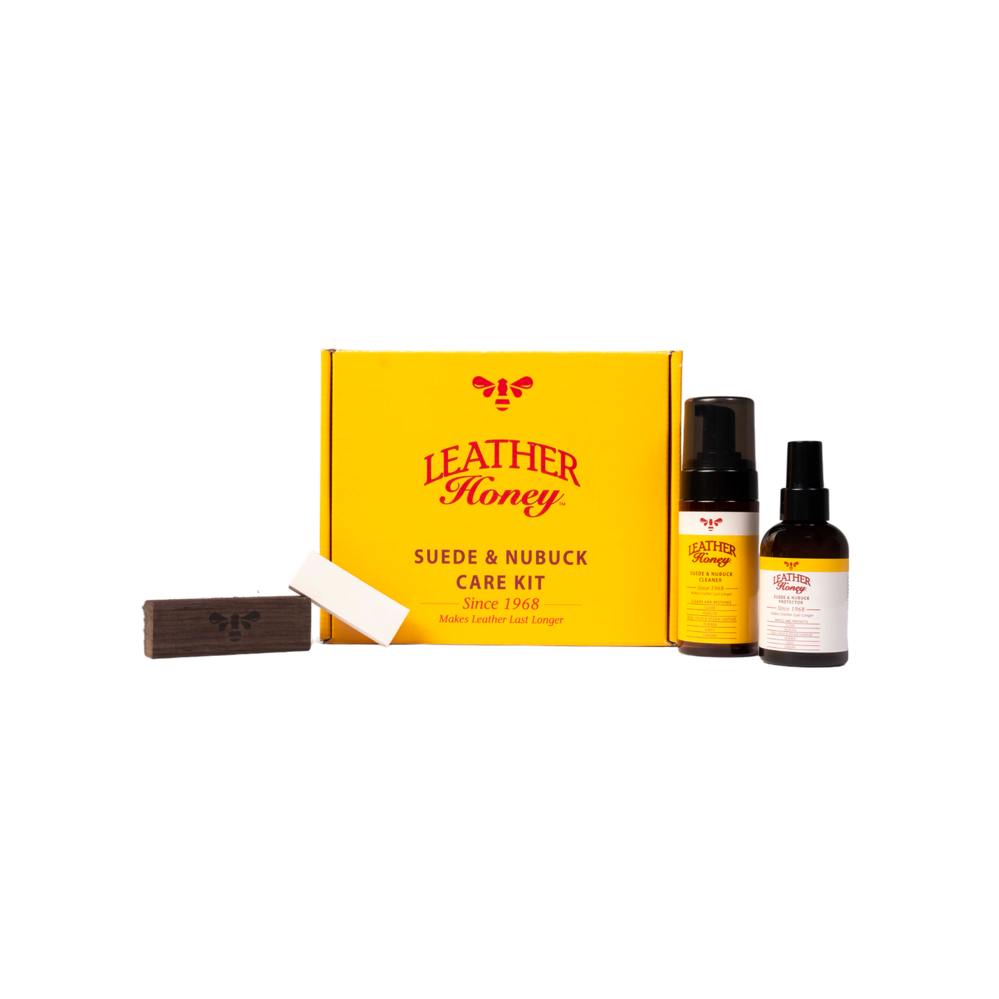 Leather Honey suede and nubuck care kit with a yellow box, bar of soap, and two bottles on a white background
