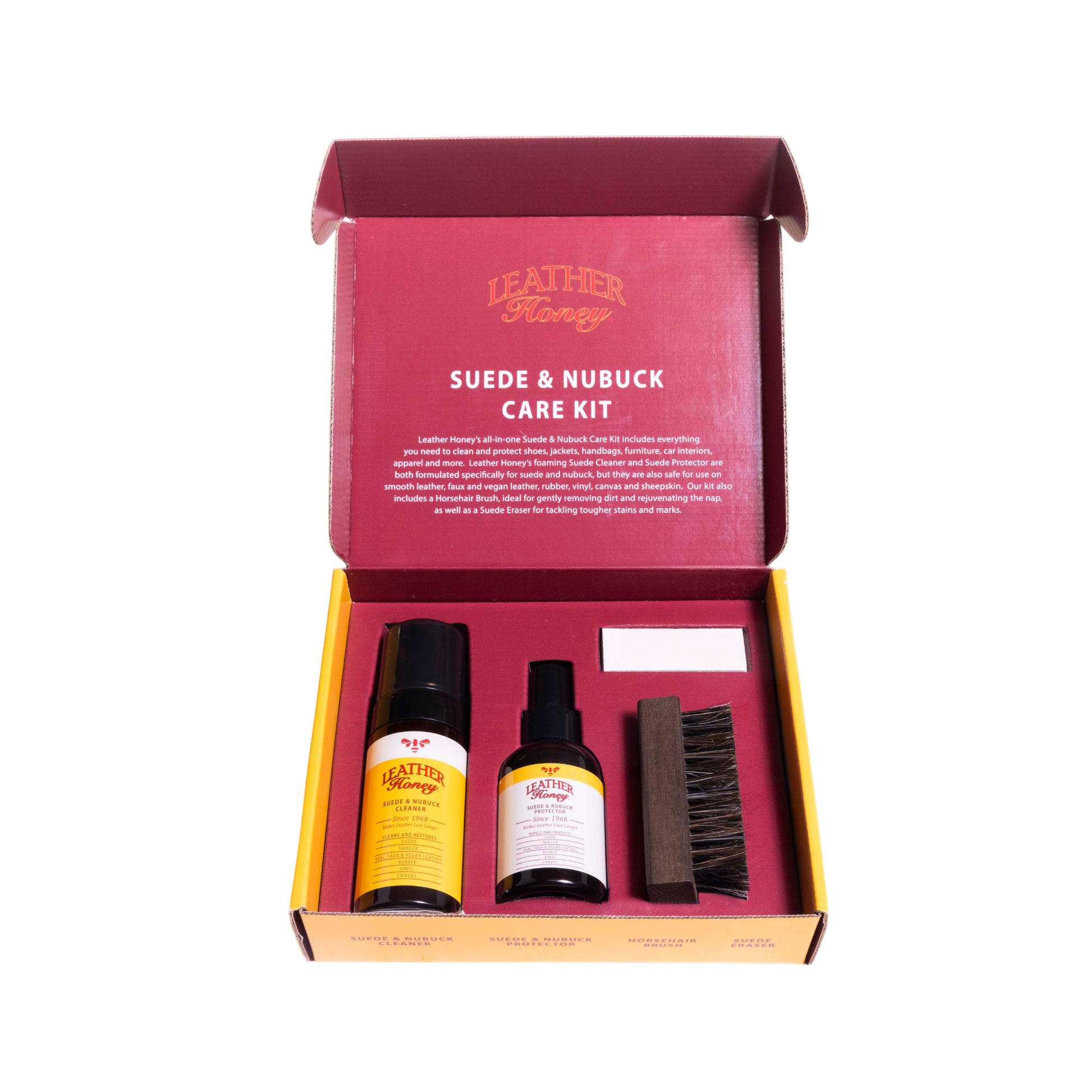 Suede and nubuck care kit with bottles and a brush in a red box on a white background