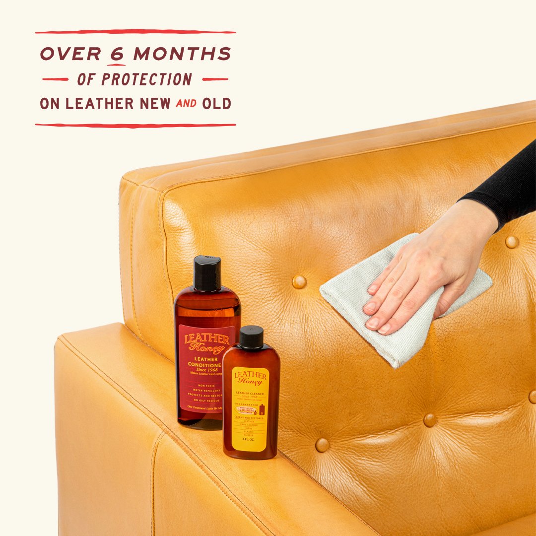 Person cleaning a leather sofa with leather care products and text about protection duration.