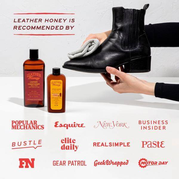 Person cleaning a black boot with a cloth, next to bottles of leather care product, on a white background with media outlet logos.