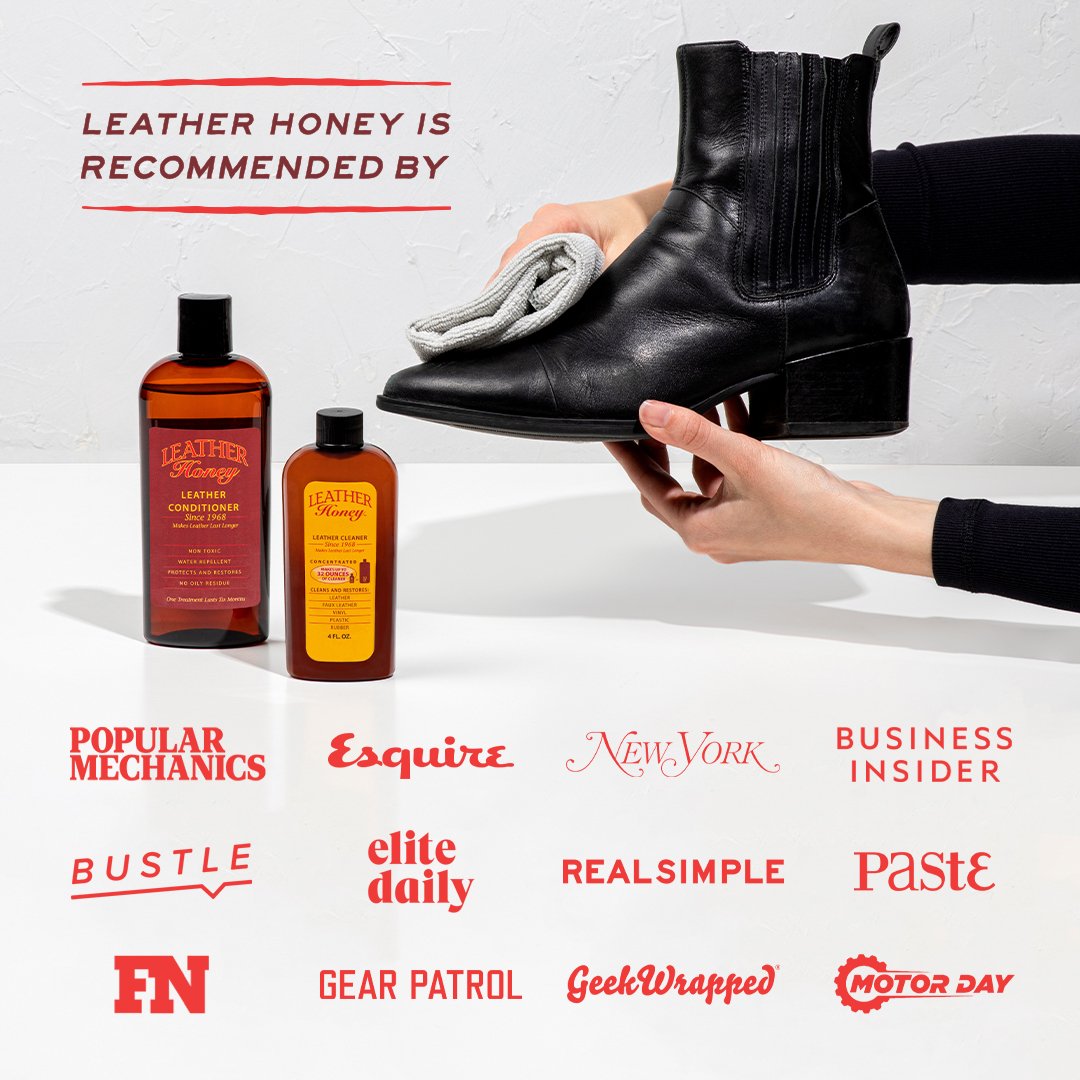 Person cleaning a black leather boot with a rag, next to two bottles of leather care products, on a white background with publication logos.