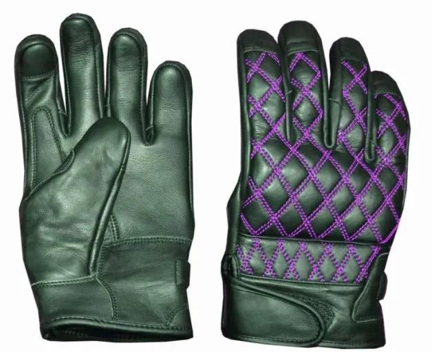 Black leather motorcycle riding gloves with purple diamond stitching on a white background