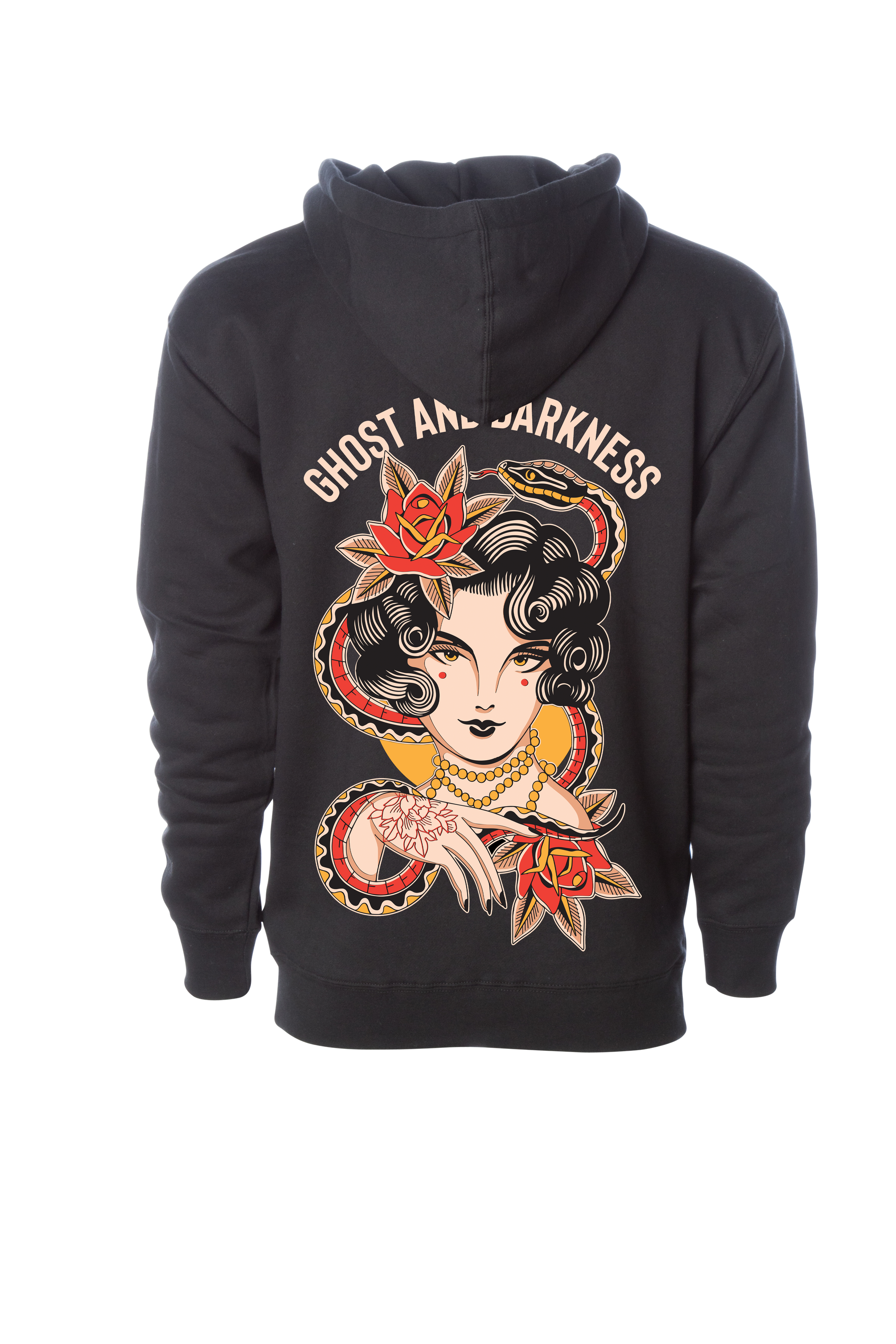 Black hoodie with a graphic design traditional tattoo style on the back featuring a woman's face and text 'Ghost and Darkness' on a white background.