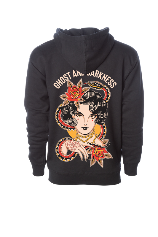 Black hoodie with a graphic design traditional tattoo style on the back featuring a woman's face and text 'Ghost and Darkness' on a white background.
