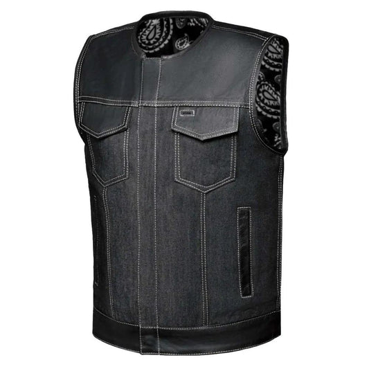 Black denim vest with leather trim and paisley print interior on a white background
