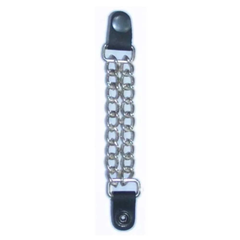 Vest extender chain strap with black leather ends on a white background
