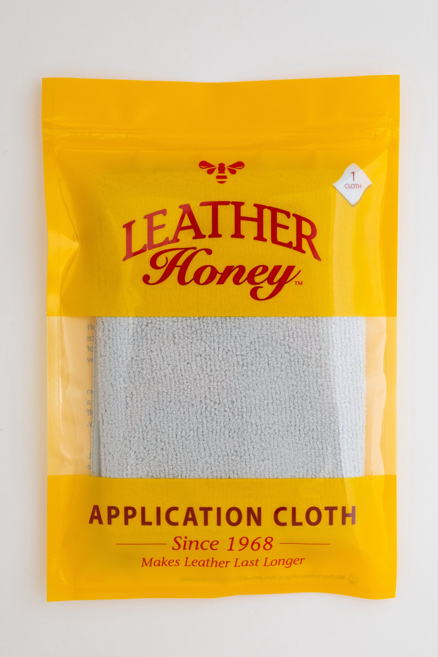 Leather Honey application cloth packaging with yellow background