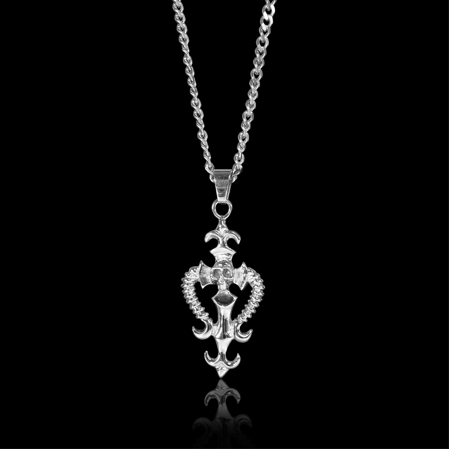 Stainless Steel Fleur De Lis Skull And Bone Dagger Curb Chain Necklace