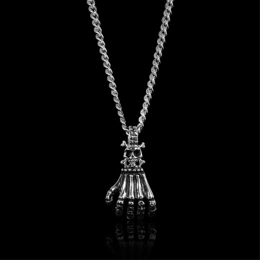 Stainless Steel Skull Skeleton Hand Figaro Chain Necklace
