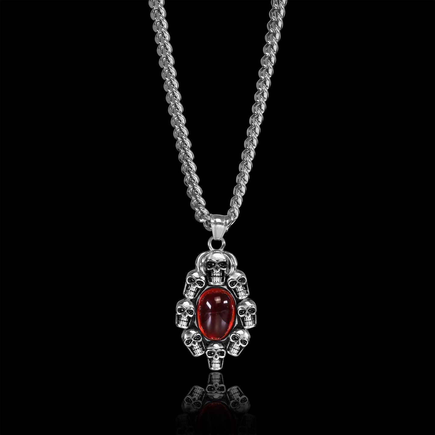 Stainless Steel Skulls With Red Glass Center Curb Chain Necklace