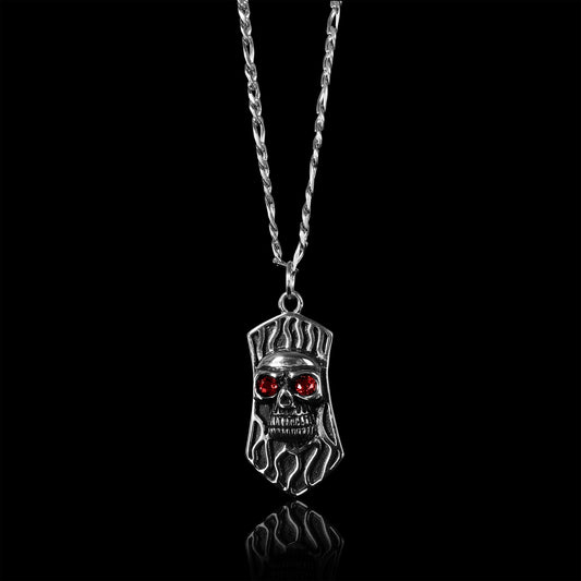 Stainless Steel Red CZ Eyed Skull Shield Figaro Chain Necklace