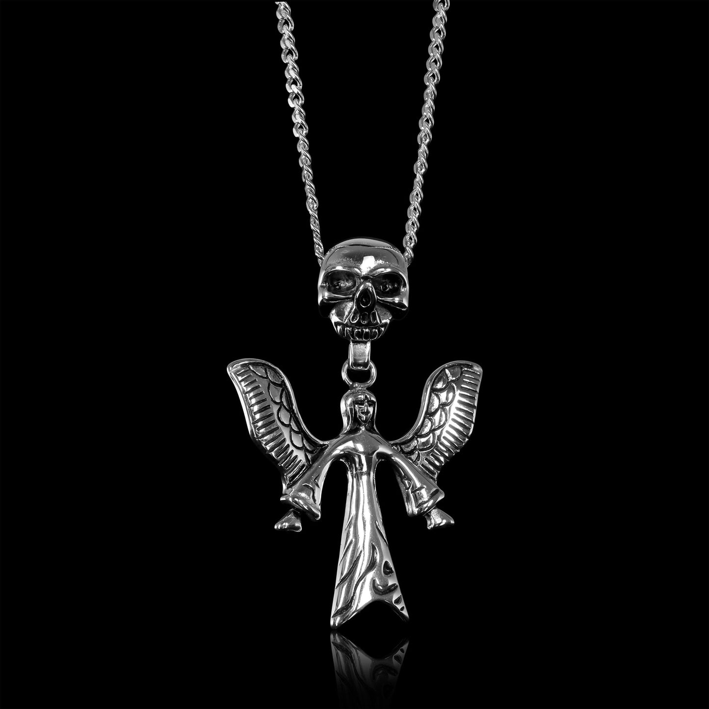 Stainless Steel Large Angel Of Death And Skull Curb Chain Necklace