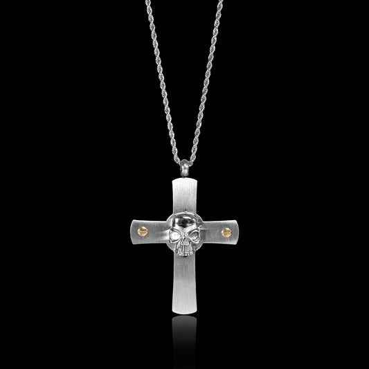 Stainless Steel Skull Cross & 18K Gold Plated Nail Rope Chain Necklace