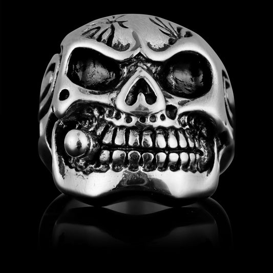 Stainless Steel Polished Skull With Cigar Unisex Ring