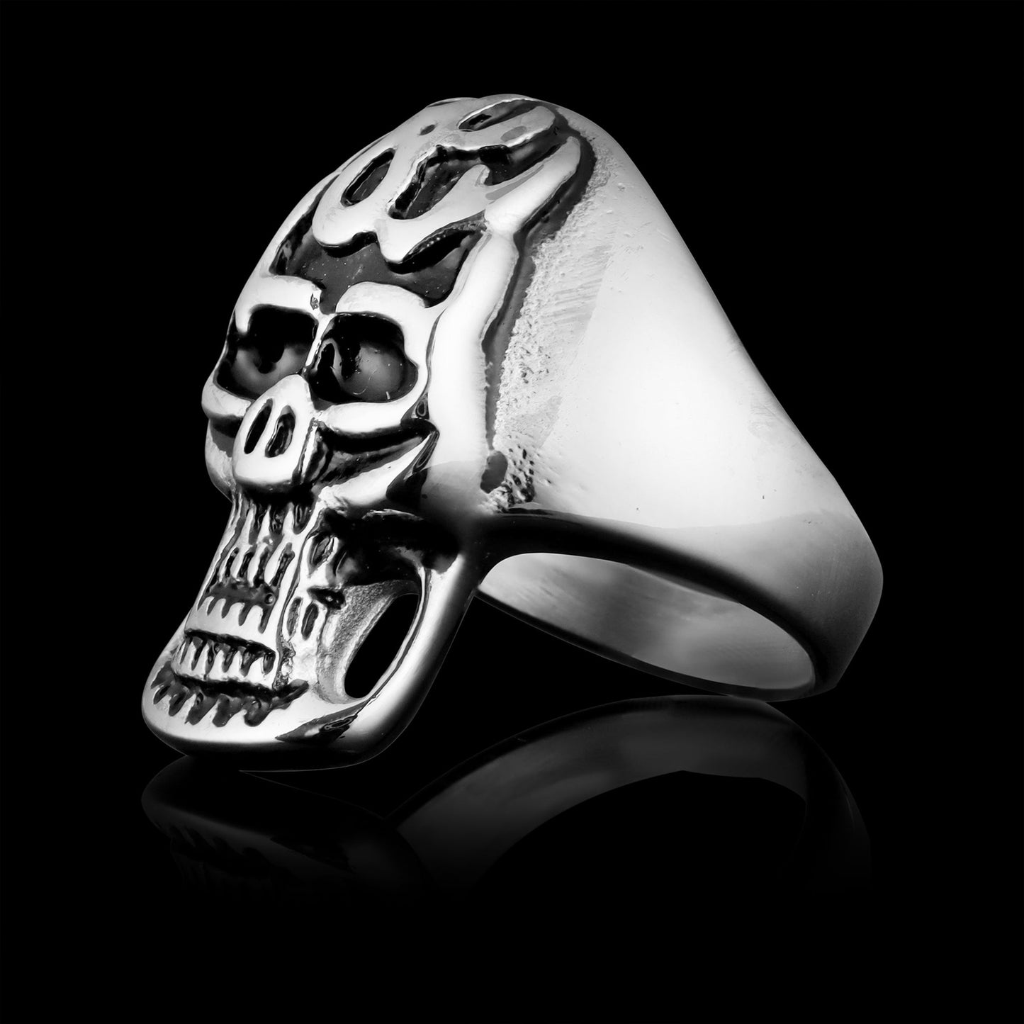 Stainless Steel Polished Flaming Skull Ring