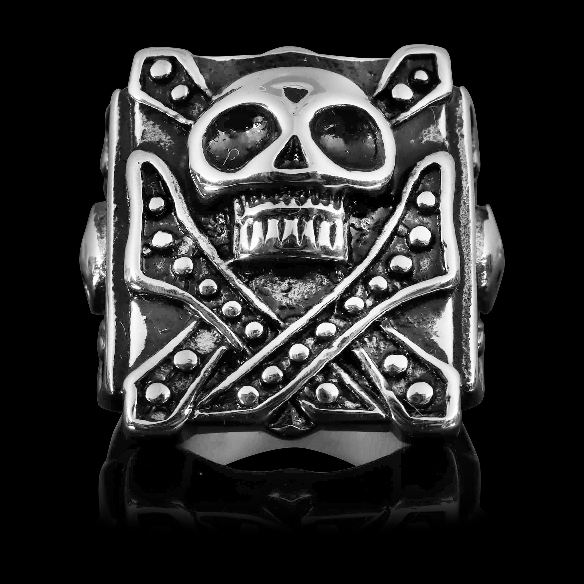 Stainless Steel Polished Studded Skull Signet Ring – Extreme Biker Leather