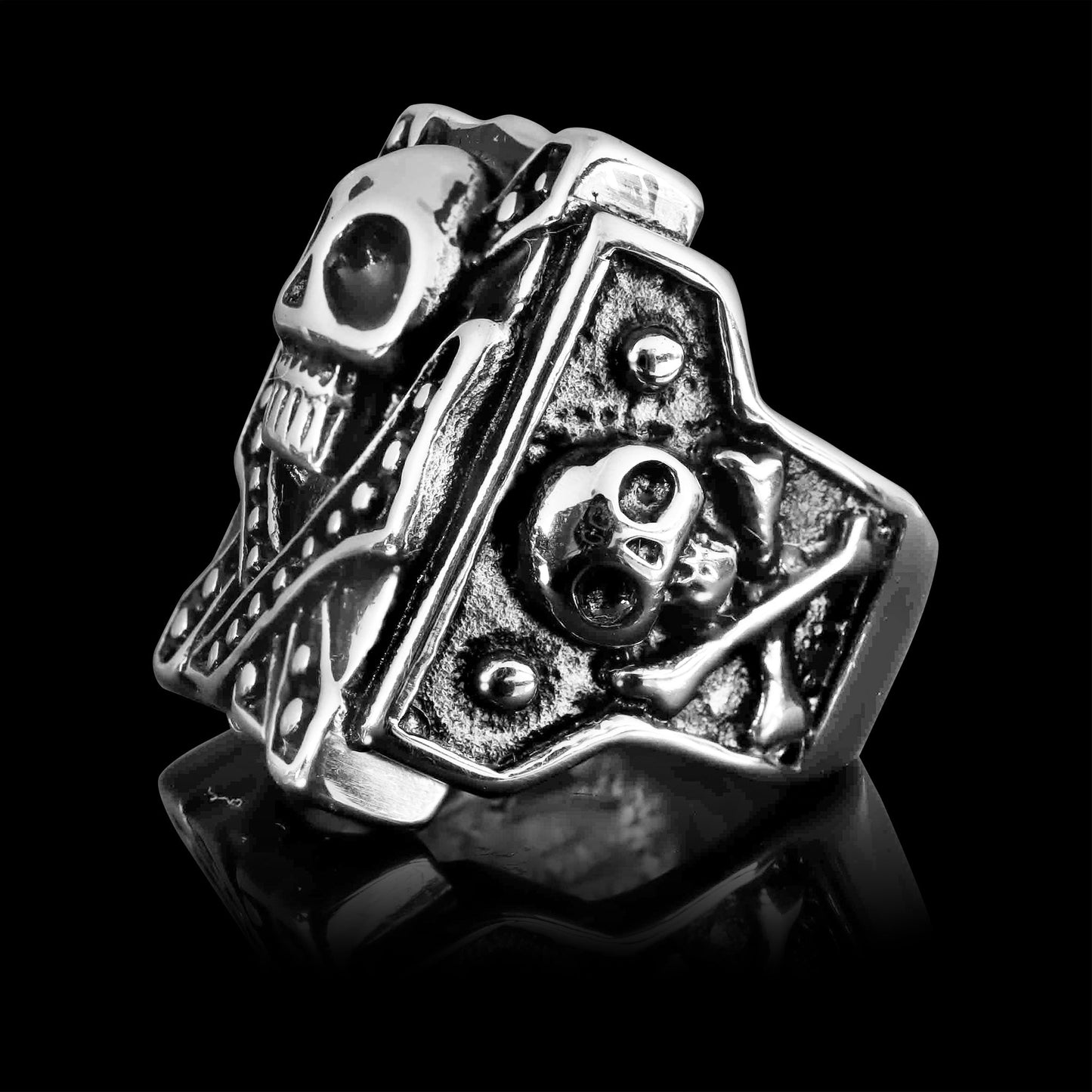 Stainless Steel Polished Studded Skull Signet Ring