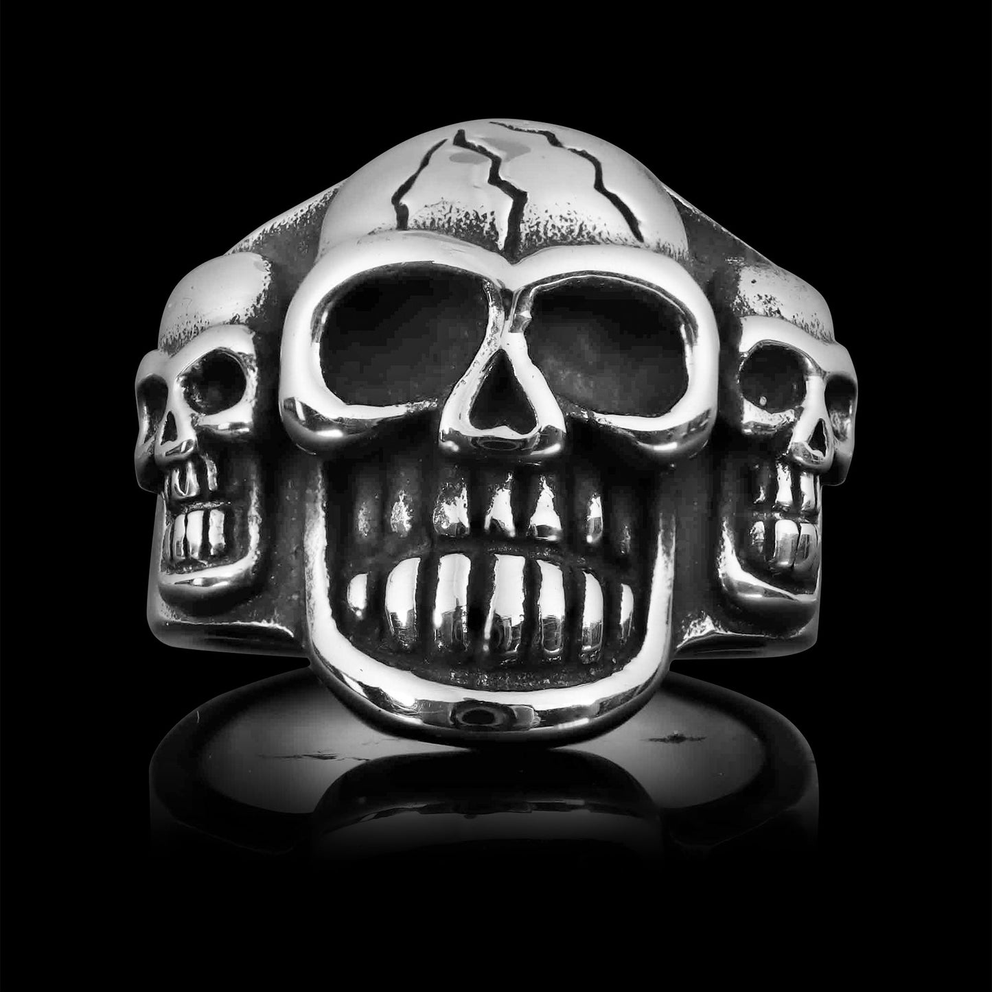 Stainless Steel Cracked Triple Skull Ring