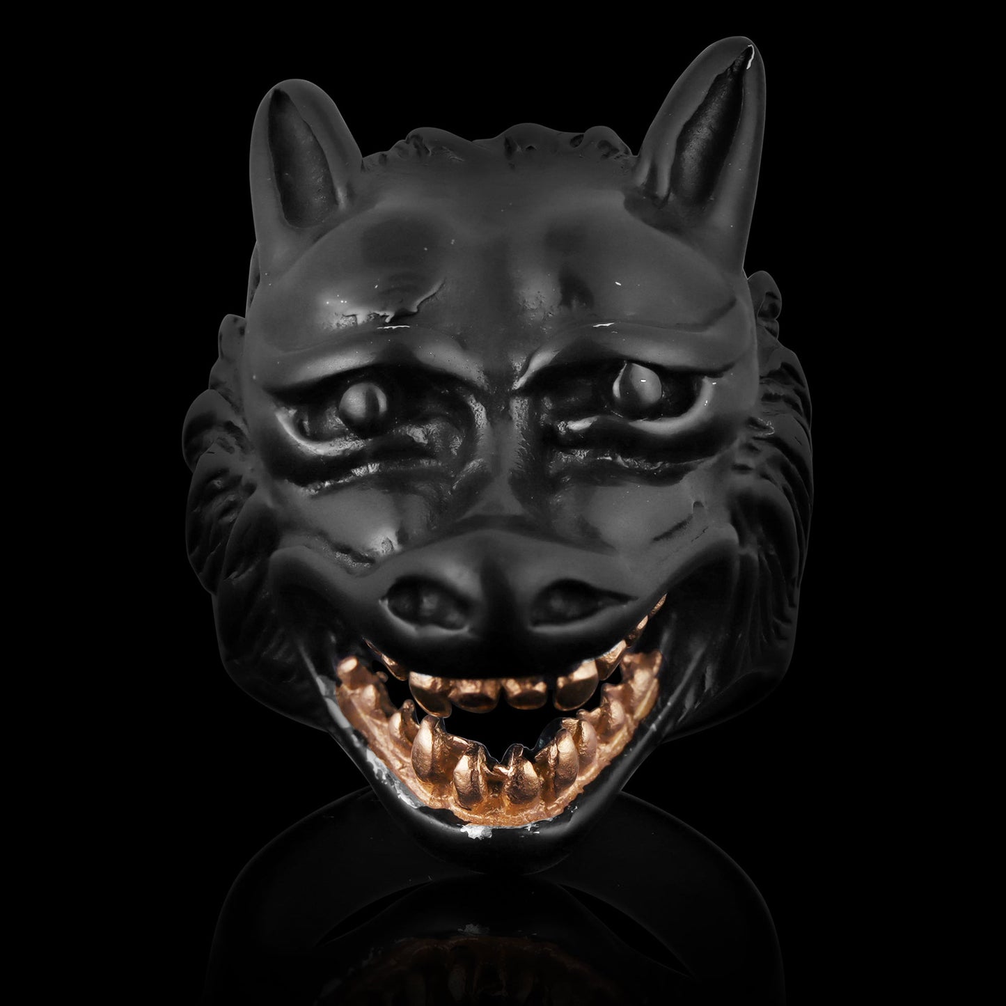 Black Stainless Steel Wolf With 18K Gold PVD Coated Teeth Ring