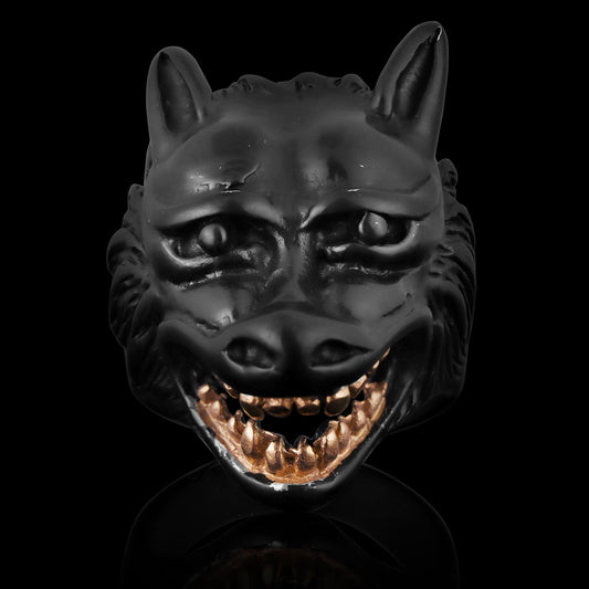 Black Stainless Steel Wolf With 18K Gold PVD Coated Teeth Ring