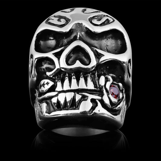 Stainless Steel Large Filigree Skull Biting Red CZ Rose Ring