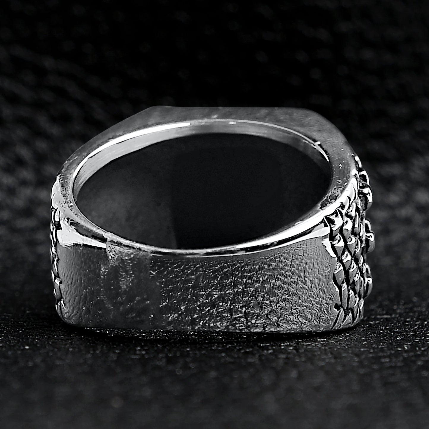 Detailed Cubed Center Black Stone Stainless Steel Ring