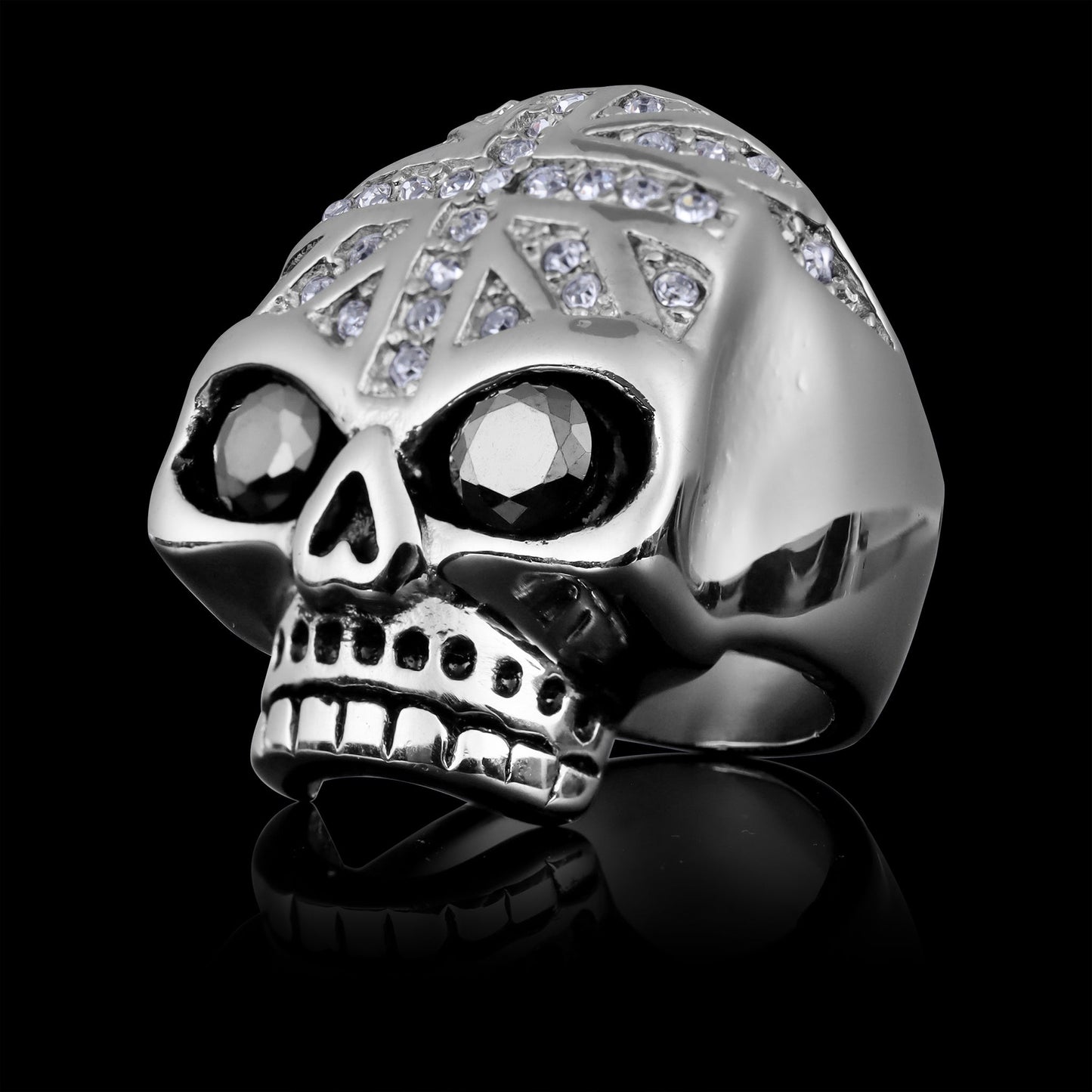 Stainless Steel Black CZ Eyed Skull With Clear CZ UK Flag Ring