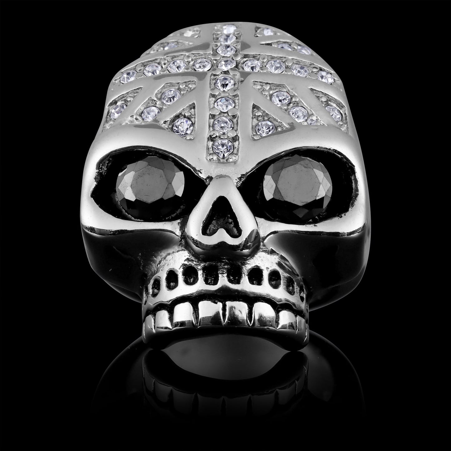 Stainless Steel Black CZ Eyed Skull With Clear CZ UK Flag Ring